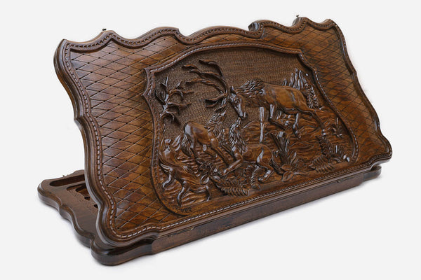 Wooden backgammon set hand carved with a deer and wolf chase