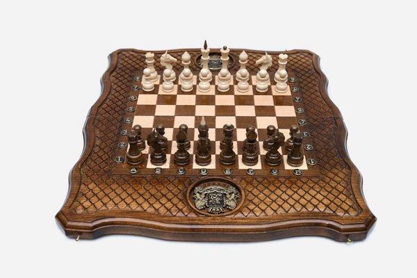 Luxury Georgian chess set with the coat of arms carved at center