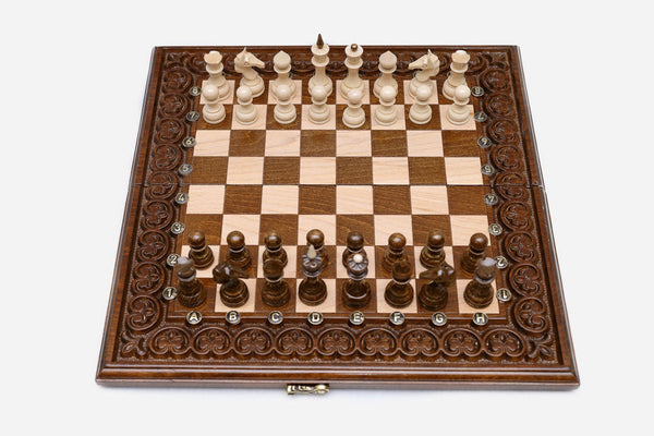 Luxury chess backgammon set with carved floral ornaments