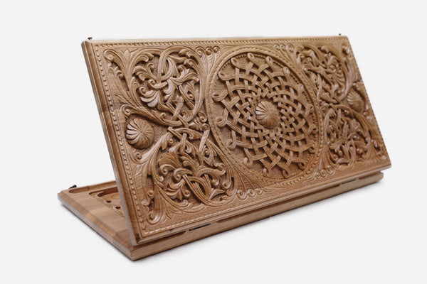 Armenian backgammon set with carved ornament in solid walnut