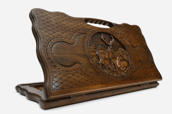 Carved beechwood backgammon board with a graceful deer and a carry handle, propped open