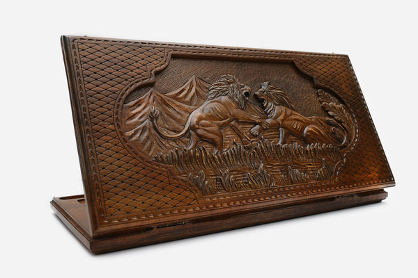 Wooden backgammon set hand carved with two fighting lions