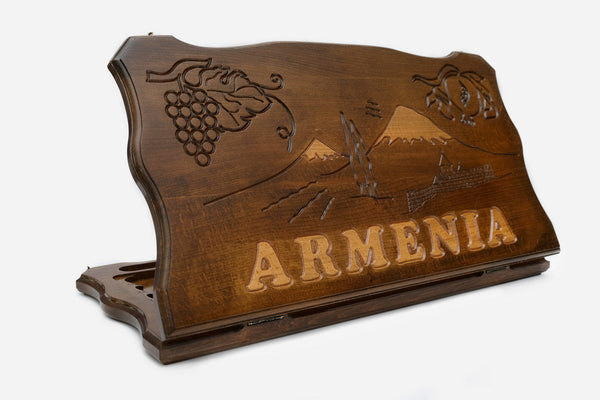 Armenian backgammon set carved with Armenia, Mount Ararat and grapes