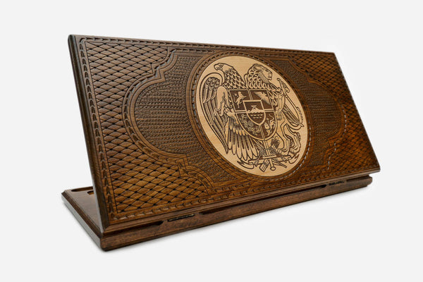 Armenian Backgammon Set with Coat of Arms of Armenia - handmade wooden backgammon board