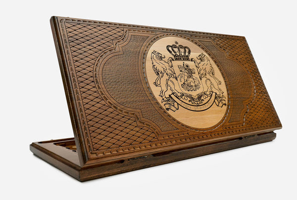 Georgian Backgammon Set with Coat of Arms of Georgia - handmade wooden backgammon board