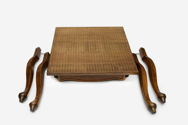 Castle tower game table, square tabletop with the chess and backgammon board on top