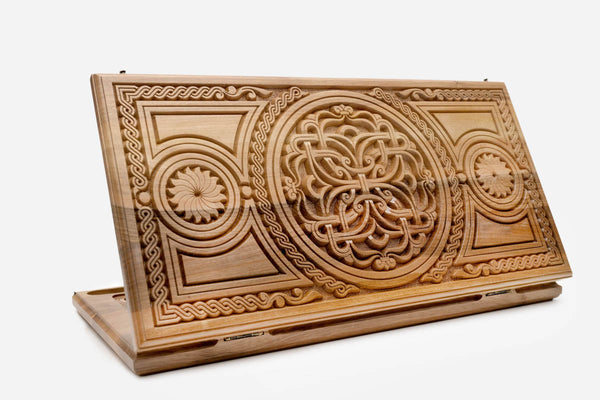 Luxury Walnut Backgammon Set - Central Ornament - hand-carved Armenian board