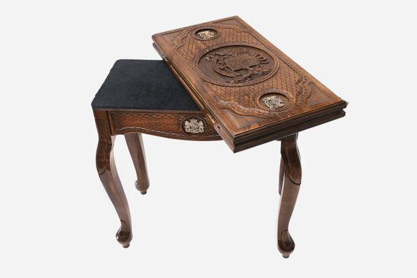 Georgian coat of arms backgammon table opening to reveal the playing field, angled view