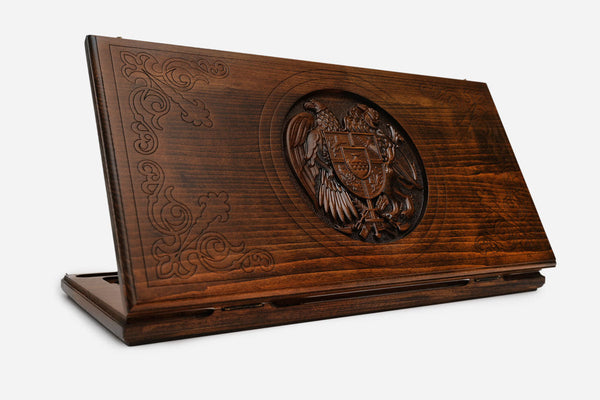 Armenian Backgammon Set with Eagle and Lion Coat of Arms - handmade wooden board