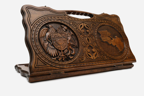 Carved Armenian backgammon board with the coat of arms and the map of Armenia, cut-out carry handle, propped open