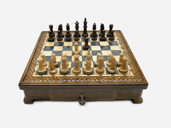 Gray epoxy chess set with wood pieces set up for play, front view
