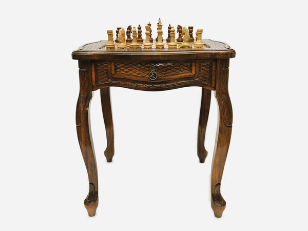 Luxurious chess table with carved ornaments in solid wood