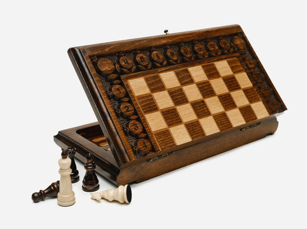 Carved Chess Set with Pomegranate and Grapevine - handmade combo board
