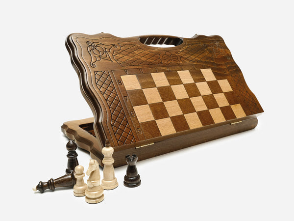 Classic wooden chess set with backgammon inside, 15.7 inch / 40 cm - handmade combo board