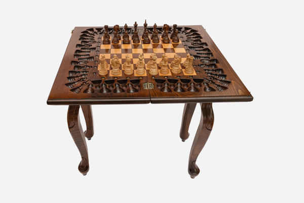 Octagon chess table hand-carved in solid wood