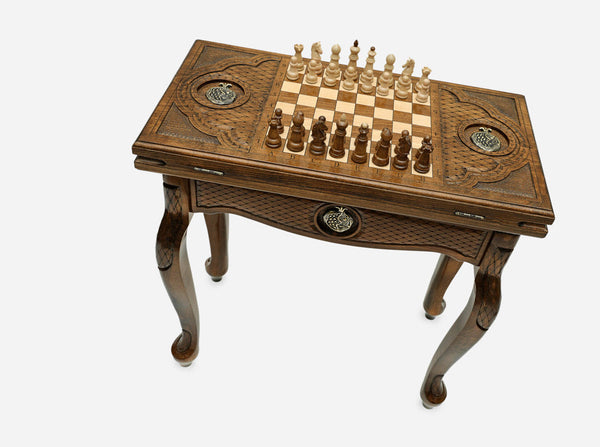 Armenian chess and backgammon table set up for chess, angled view showing the cabriole legs