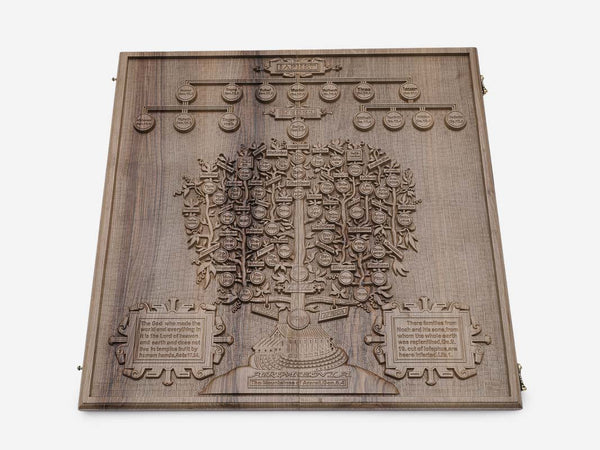 Luxury walnut backgammon board carved in deep relief with the family tree of Noah
