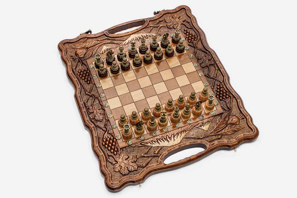 Luxury Armenian Chess Set with Bronze Pieces - hand-carved chess backgammon set