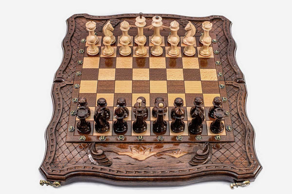 Luxury Armenian Chess Set with Mount Ararat and Lattice - hand-carved combo board