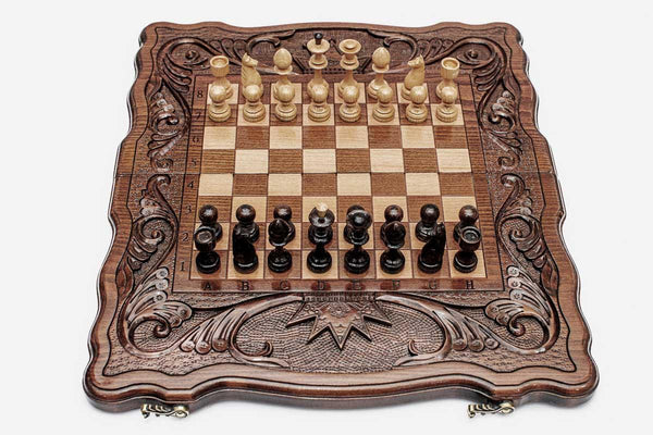 Chess Set with Royal Crown and Backgammon Inside - handmade wooden combo board