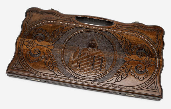 Carved beechwood backgammon board with the Geghard Monastery, propped open