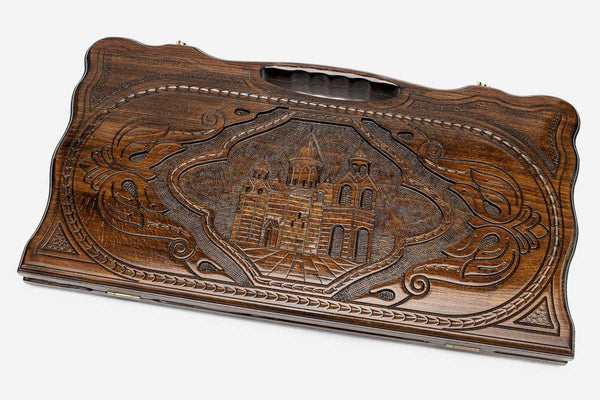Carved beechwood backgammon board with the Holy Cathedral of Echmiadzin, propped open