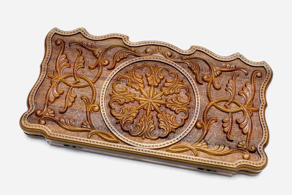 Luxury walnut backgammon set fully carved with Armenian ornament