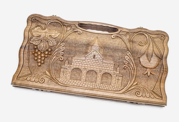 Carved walnut backgammon board with the Saint Gayane Church, propped open