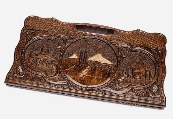 Carved beechwood backgammon board with Mount Ararat and two monasteries, propped open