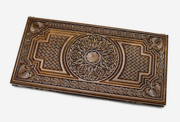 Luxury walnut backgammon set carved with interlaced Armenian ornament