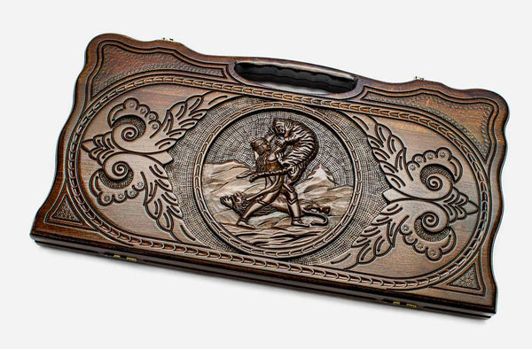 Carved beechwood backgammon board with Samson wrestling the lion, propped open