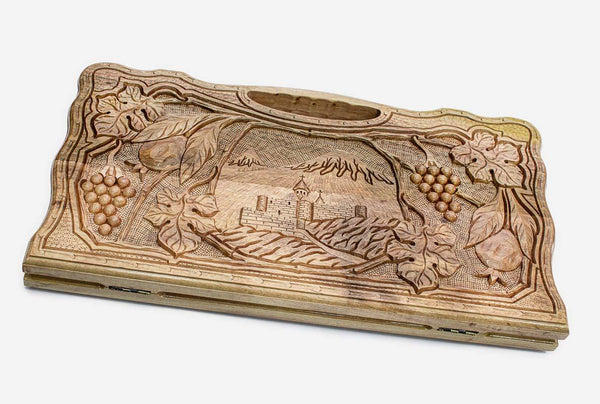 Carved walnut backgammon board with Mount Ararat, Khor Virap monastery and grapevines, propped open