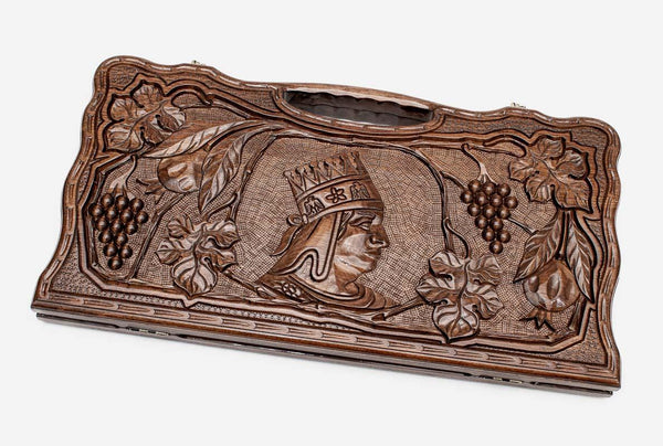 Carved beechwood backgammon board with King Tigran the Great, propped open