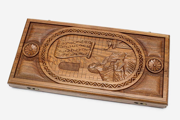 Master-carved walnut backgammon board with Mesrop Mashtots and the Armenian alphabet, propped open