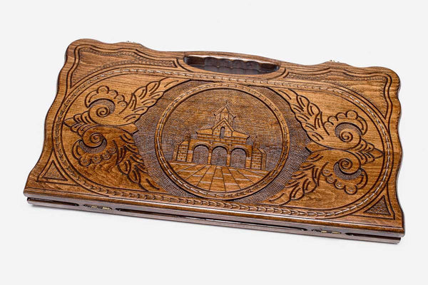 Carved beechwood backgammon board with the Saint Gayane Church and a carry handle, propped open