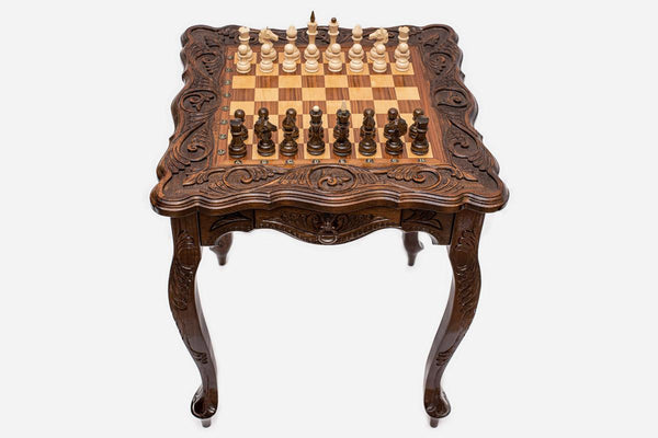 Luxurious chess table with hand-carved ornaments, handmade in solid wood