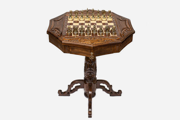 Chess Table - Decagon with Bronze Pieces - handmade wooden games table