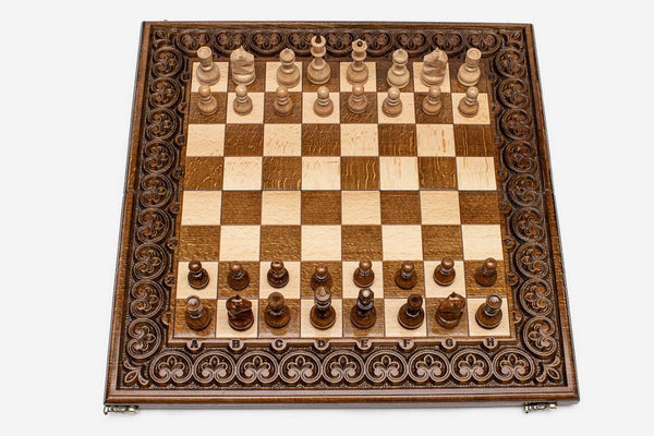 Carved wooden chess set, 19.6 inch / 50 cm - handmade chess board