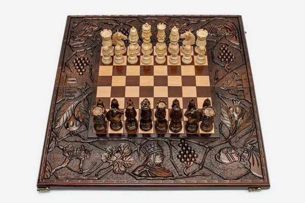 Luxury Chess Set with Carved Kings - handmade wooden chess board