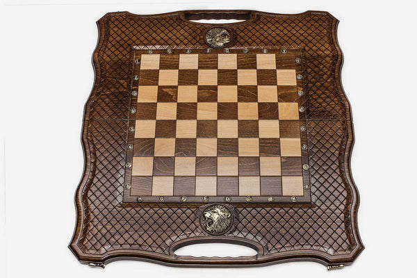 Luxury Chess Set with Lion and Backgammon Inside - handmade combo board