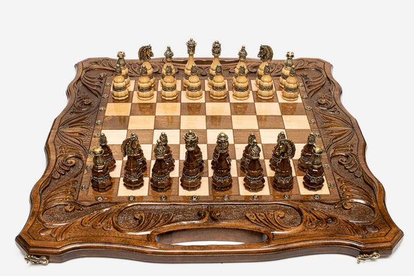 Luxury Chess Set with Ornaments and Bronze Pieces - handmade combo board