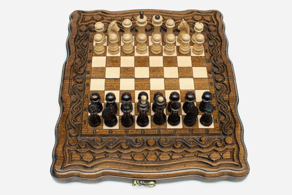 Travel Chess Set with Ornaments - handmade wooden chess set