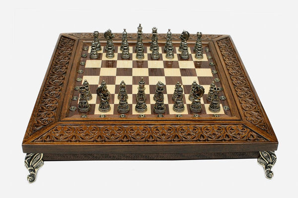 Luxury Carved Chess Set with Bronze Pieces - handmade wooden chess board