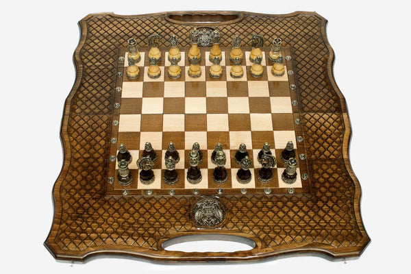Luxury Russian chess set with bronze pieces and carved coat of arms