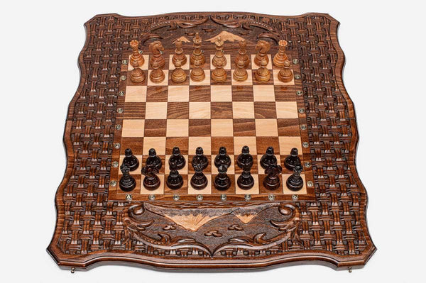 Luxury Armenian chess set with Mount Ararat carved in relief