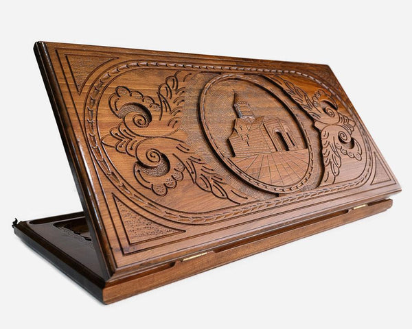 Armenian backgammon set carved with Tatev Monastery