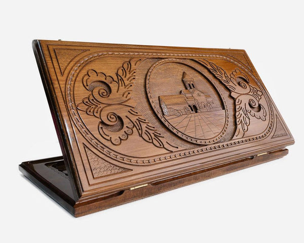 Armenian backgammon set carved with Vahanavank monastery in the forest