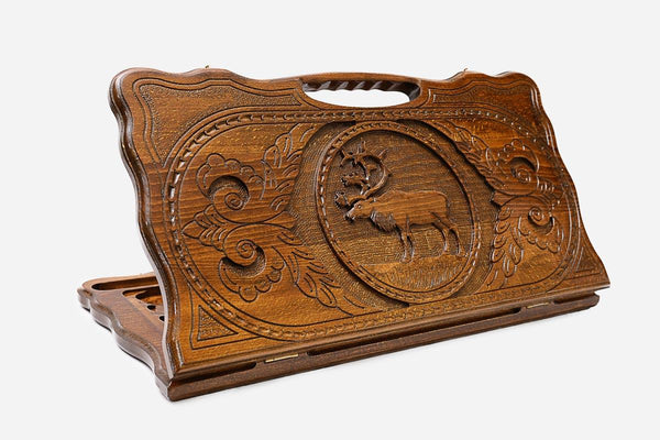 Carved beechwood backgammon board with a graceful stag and a carry handle, propped open