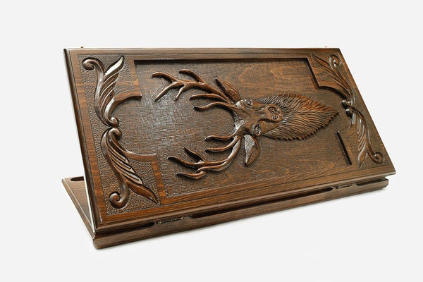 Wooden backgammon set hand carved with a grand stag