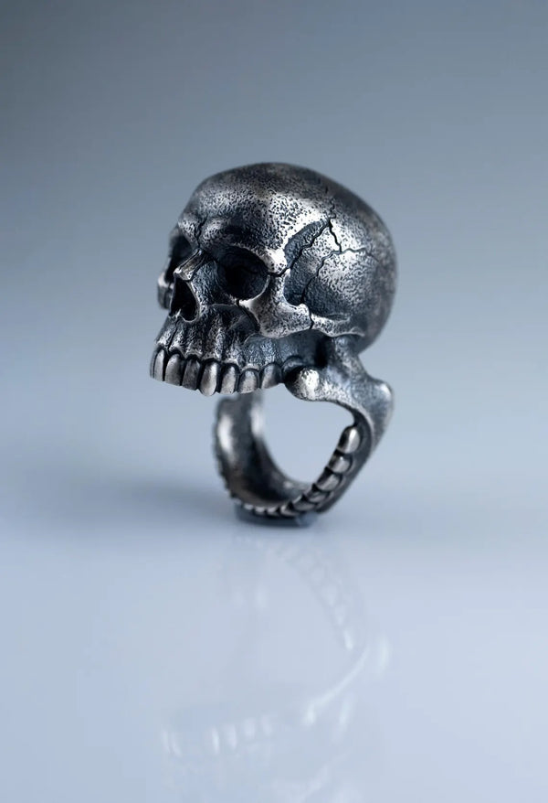 Heavyweight gothic biker skull ring crafted from solid 925 sterling silver